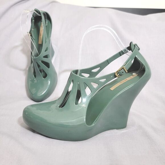 Melissa Cristal Green Wedge Sandal Platform Closed Toe‎ Rubber Vegan Sz 10 - Picture 1 of 16